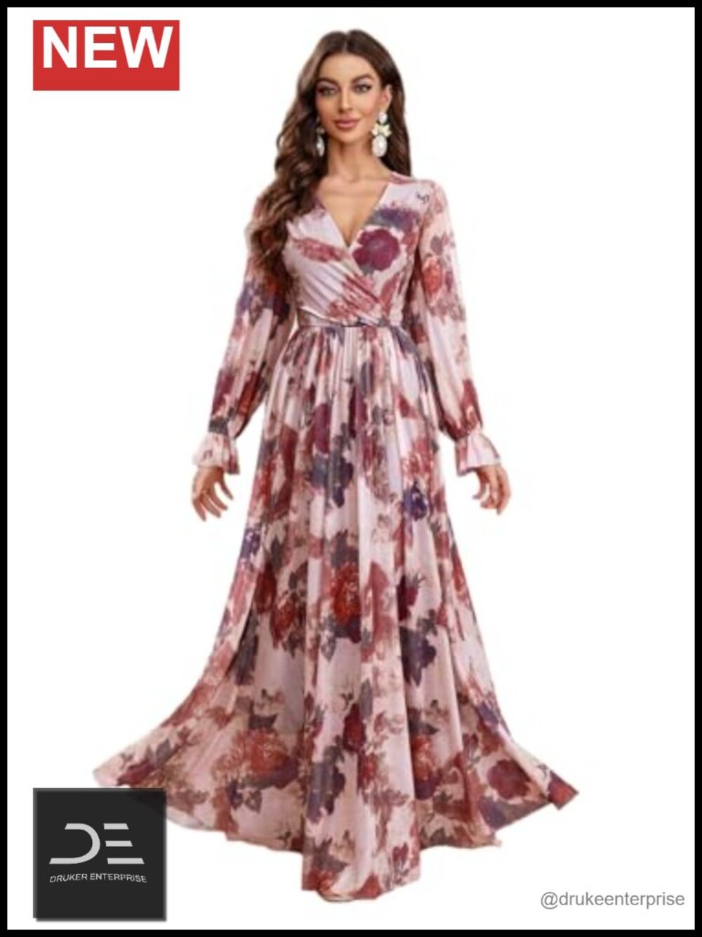 Womens Maxi Dress V Neck Long Sleeve Ruffle Floral Print Summer Boho Casual
